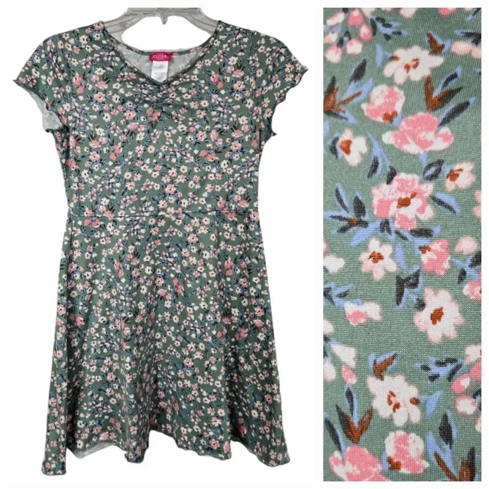 Zunie Girl L 10/12 Sage Floral Jersey Knit Short Sleeve Skater Dress Fit & Flare